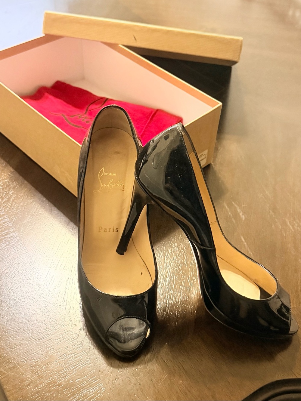 Christian Louboutin YOLANDA 100 patent calf Peep-Toe Heels 37